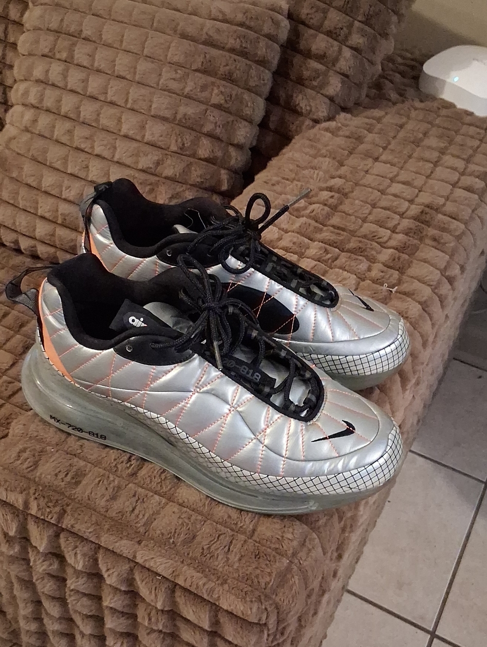 Nike Silver Quilted Sneakers with Black and Orange Trim